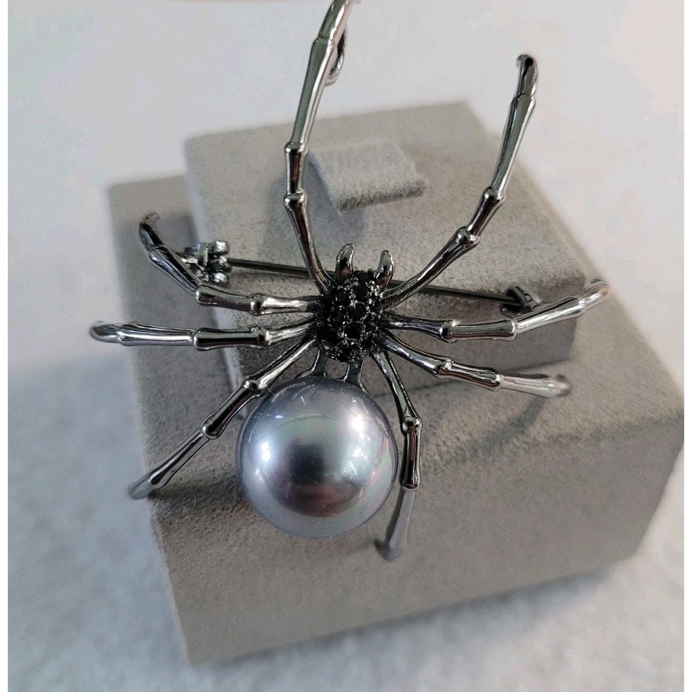 Faux Pearl Spider Brooch Black Rhinestone Silver Tone Statement Insect Pin